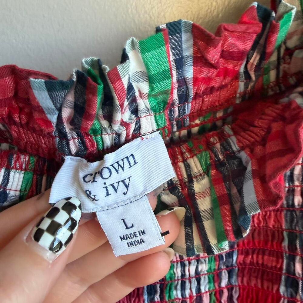 Christmas Plaid Smocked Midi Dress Crown & Ivy Ruffle Sleeve L - Picture 3 of 5